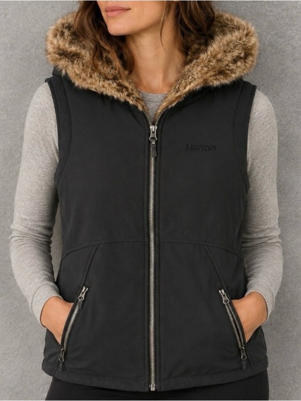 Marmot Black Fleece Jacket Vest With Faux Fur Lined Hood